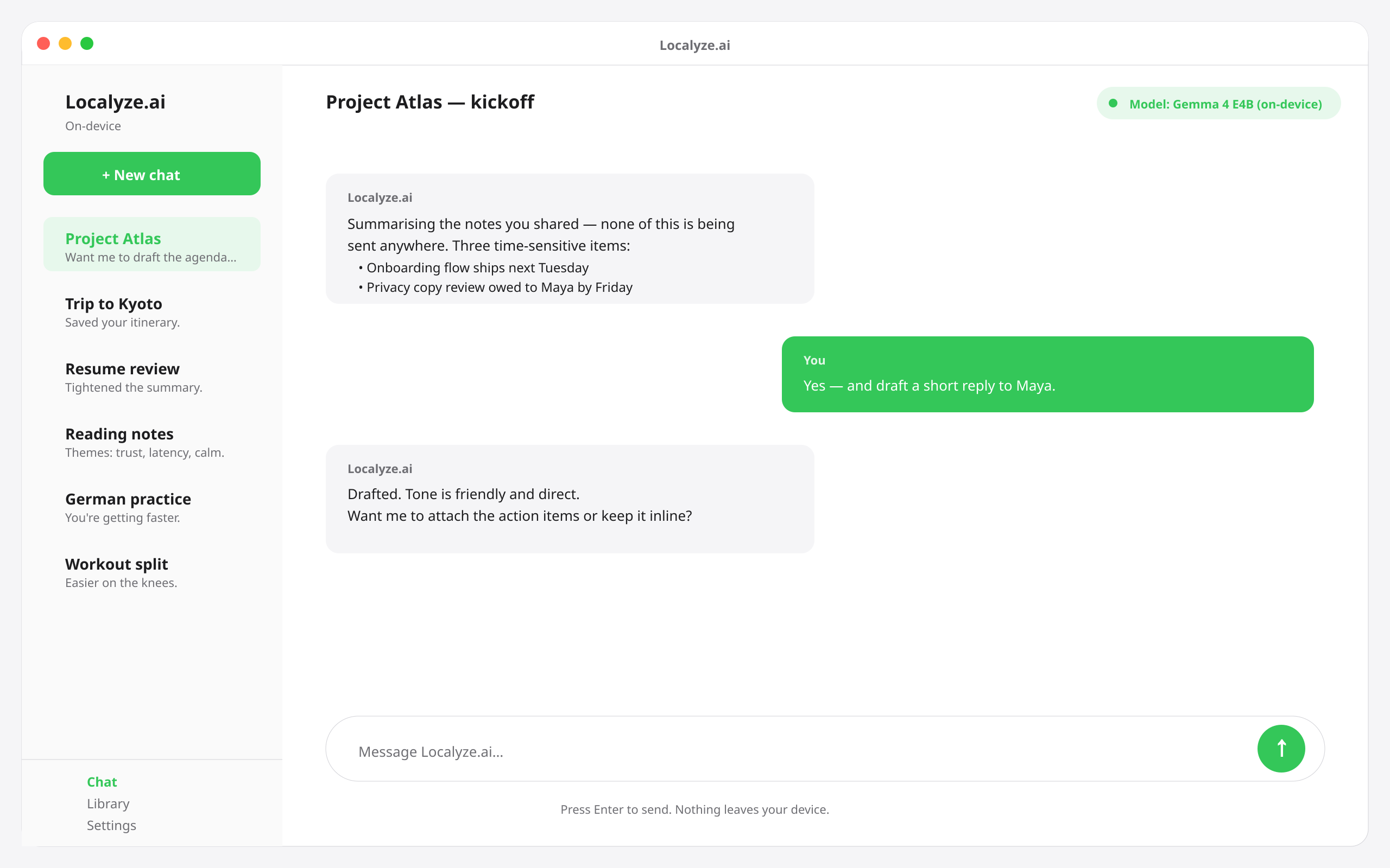 Localyze.ai desktop chat with sidebar, model badge, and conversation
