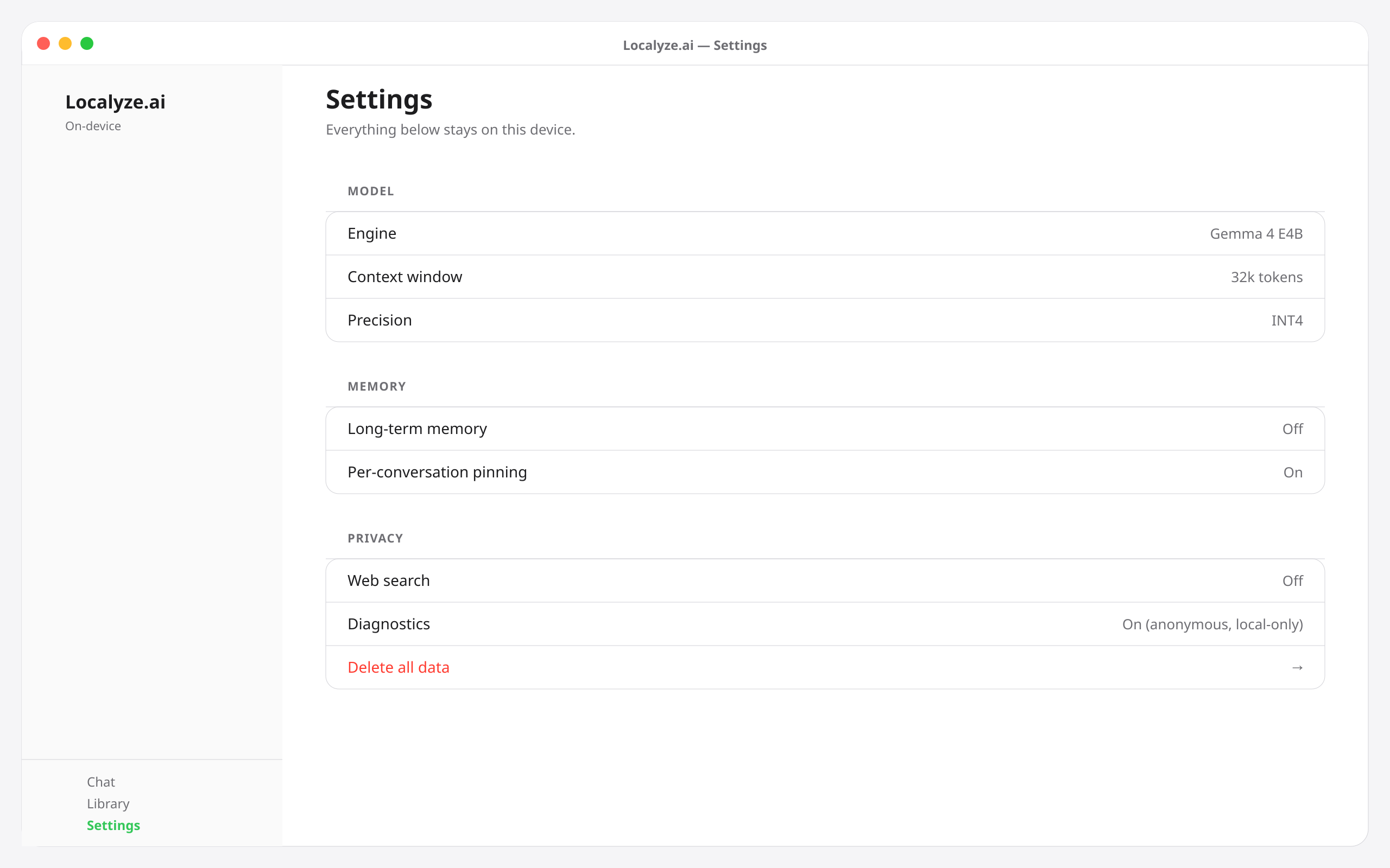 Localyze.ai desktop settings showing model, memory, and privacy controls