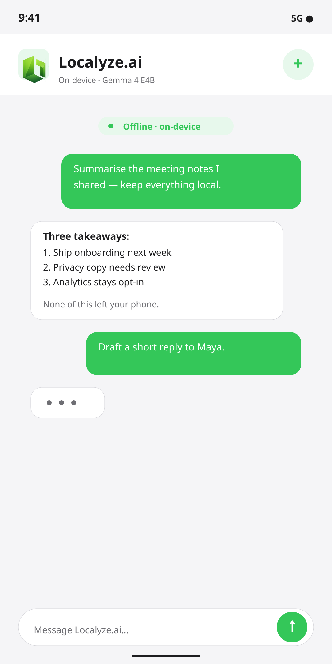 Localyze.ai on Android, showing an on-device chat about summarising meeting notes