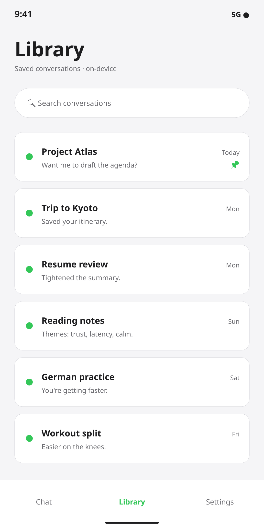 Localyze.ai library of saved conversations on Android, with search and pin