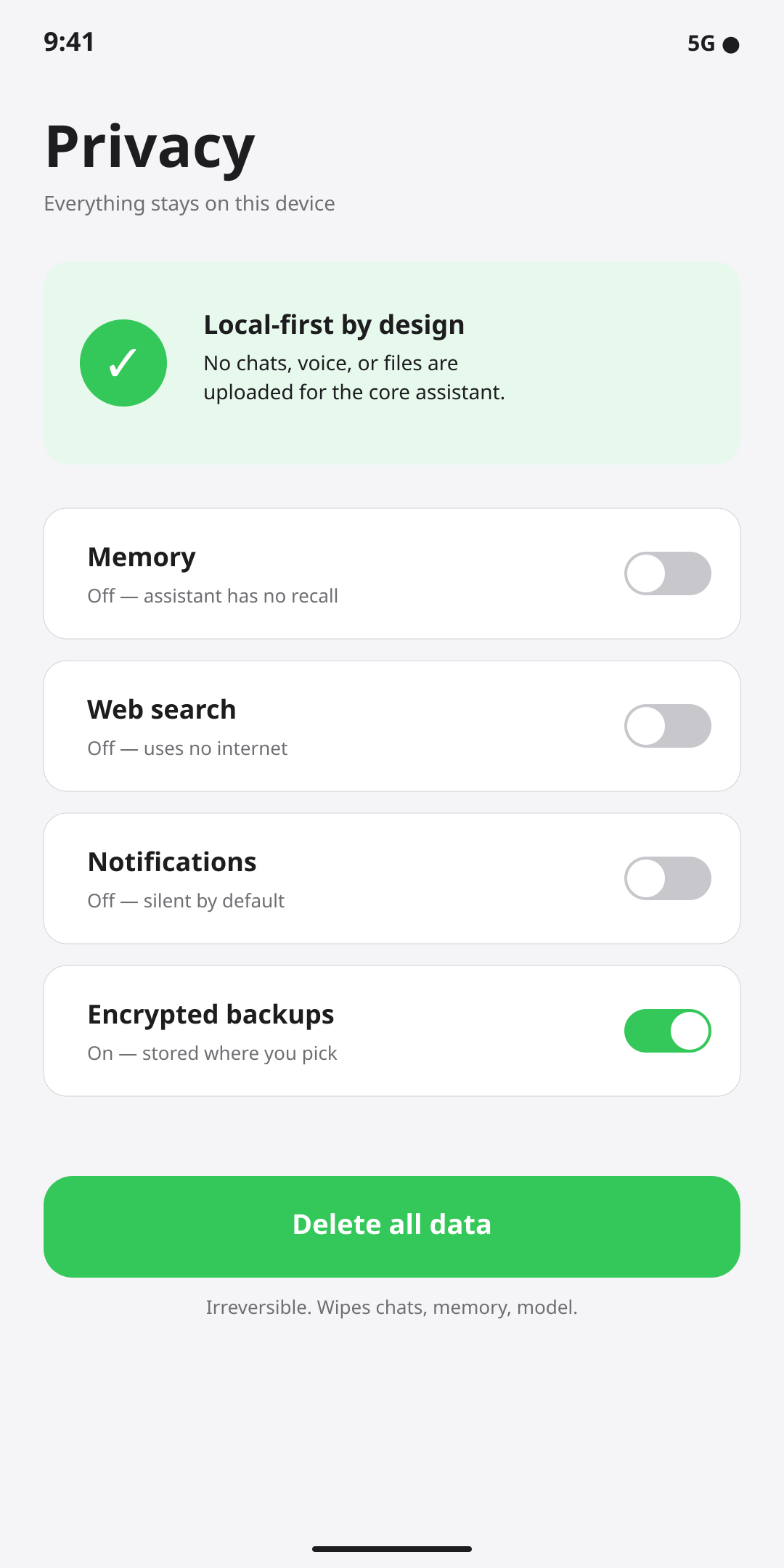 Localyze.ai privacy center on Android with toggles for memory, web search, and notifications